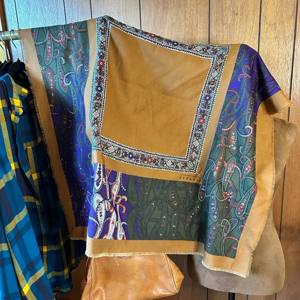 Vintage Express Square Scarf with Brown, Blue & Maroon Pattern‎